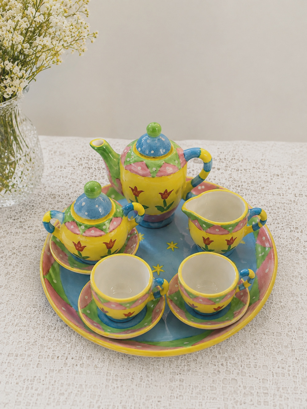Bella Casa by Ganz Miniature Tea Set w/ Tray Hand Painted Floral Colorful